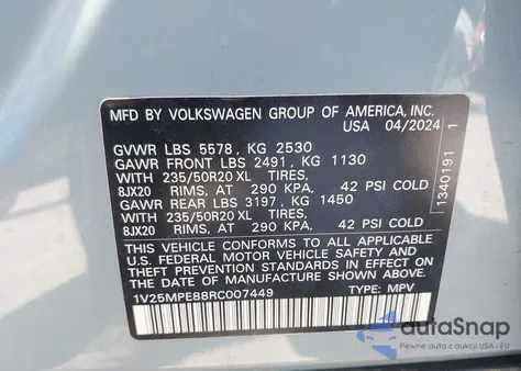 2024 Volkswagen Id.4 S z USA, uszkodzony, nr VIN 1V25MPE88RC007449